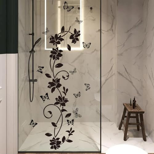 SHUCHING Wandtattoo Schwarze Blumen Rebe, Wandaufkleber Schwarz Simplicity Floral Schmetterlinge, Wandsticker für Wohnzimmer Badezimmer Schlafzimmer Küche