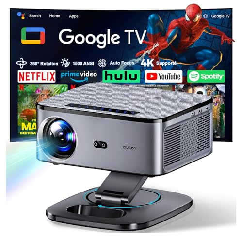 【1500 ANSI/Google TV/Auto Focus】 XIWBSY Videoprojecteur 4K Supporté, 38000 Lumen FHD, 360° Rotation, Projecteur Video 4K Contrôle Vocal, Retroprojecteur WiFi6 Bluetooth 5.3