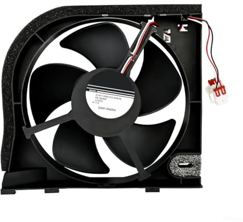 Replacement condenser fan motor for Samsung refrigerators, 12V DC motor with composite blades offering quiet operation and effective cooling for compressor protection