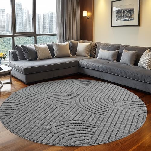 Teppium Teppich Rund 160 cm Grau Boho Design Bouclé Schlingenflor Skandi Stil Modern Weich Strapazierfähig Pflegeleicht großer runder Teppich für Wohnzimmer Esszimmer Schlafzimmer