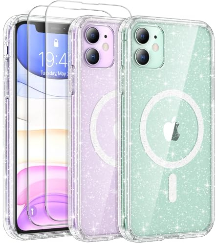 AROYI for iPhone 11 Case, Glitter Transparent Phone Case with 2 Tempered Glass Screen Protector, Compatible with Mag Safe, Shockproof Acrylic Magnetic Sparkle Bling for Women and Girls, Clear