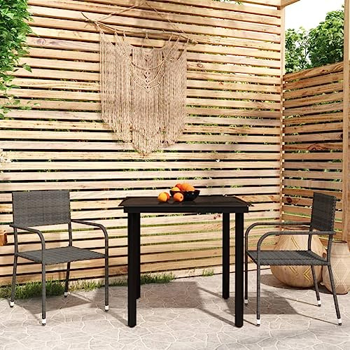 Owoxanthellate OWOX 3-TLG. Garten-Essgruppe 80×80 cm Stahl/Glas, graue PE-Rattan-Stapelstühle 110 kg, Balkon/Terrasse