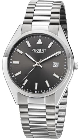 REGENT F-1644 Herrenuhr Edelstahl Silberfarben – Graues Sunray Zifferblatt, Datum, Leuchtzeiger, Mineralglas, 39 mm, 5 ATM, Quarz