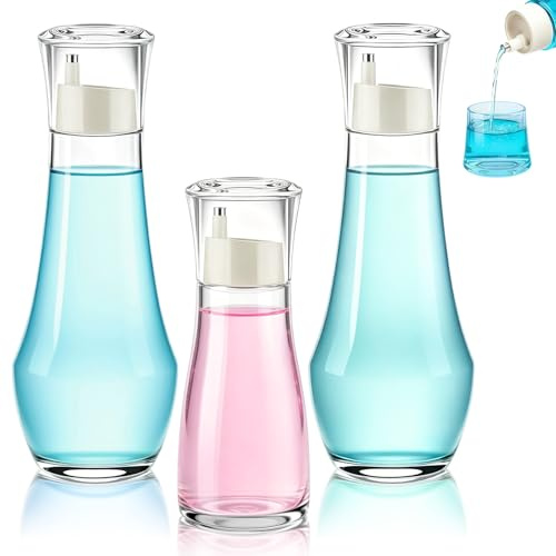 Prebarfun Glass Mouthwash Dispenser for Bathroom with Cups 8.8 oz & 5.07 oz | Mouth Wash Container Bottle, Clear Refillable Liquid Bathroom Bottles for Countertop, with Cleaning Brush, Stickers