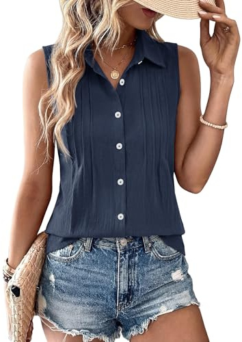 Rapbin Womens Tops Summer Sleeveless Button Down Cotton Shirt Blouses