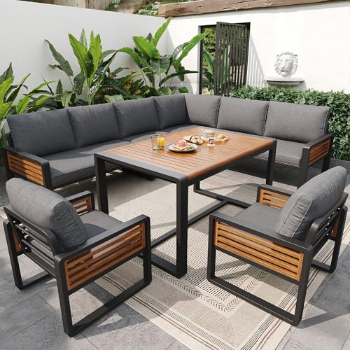 MOBETTRES Garten-Lounge-Set, Gartensofa mit Esstisch aus Massivholz, Möbelset für 8 Personen, verstellbare Beine, alle Sitz- und Rückenkissen inklusive (Grau)