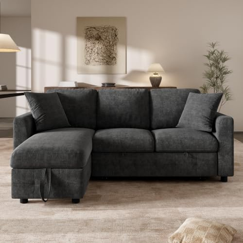 Merax L Shaped Sofa Bed, Chenille Corner Sofa with Storage & USB Grey