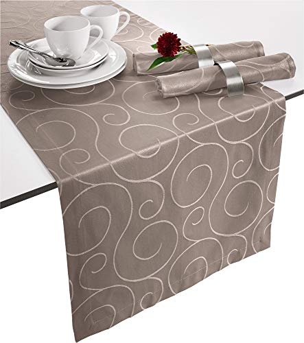Erwin Müller Tischläufer, Tischdecke Oberhausen, Jacquard Ranken Taupe Größe 40x170 cm - pflegeleicht, bügelleicht, mit Kuvertsaum