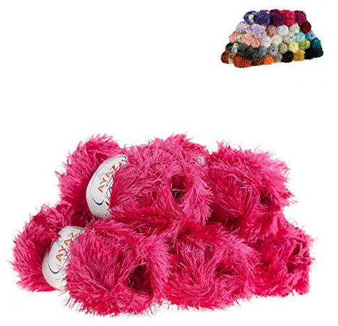 Fransen-Strickgarn Yumos 5 Knäuel je 150m/100g Strickgarn Wolle Strickwolle, Nadelstärke 4-5, Häkelnadel 3, Farbe:1137 pink