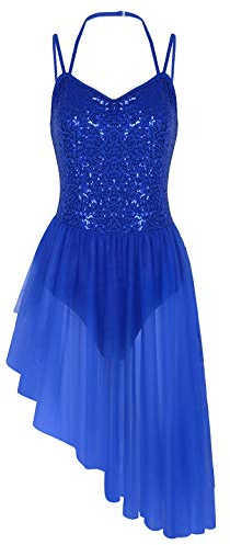 TiaoBug Damen Sommer Kleid langes Ballettkleid Ballettanzug Spaghetti-Träger Ballett Trikot Body Gymnastikanzug Turnanzug Leotard mit Asymmetrisch Rock Blau unregelmäßig XL(Brust 86cm)