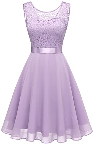 Berylove Femme Robe de Cocktail Courte Top Dentelle Jupe Mousseline Swing pour Bal Mariage BLP7005Lavender L