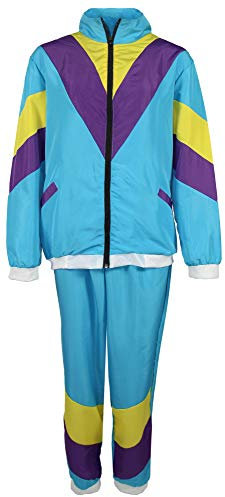 Foxxeo 80er Jahre Kostüm für Erwachsene Premium 80s Trainingsanzug Assianzug Assi - Herren Größe S-XXXXL - Fasching Karneval Anzug, Farbe türkis gelb lila, Größe: XL