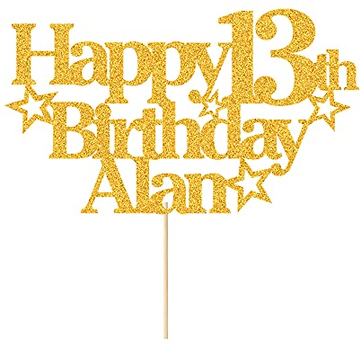 EDSG Personalised Happy Birthday Cake Topper Custom Party Decoration with Any Name Any Age Multicolour Glitter Cake Topper 13th 16th 18th 21st 30th 50th 60th 80th Hand Finished in UK (Gold)