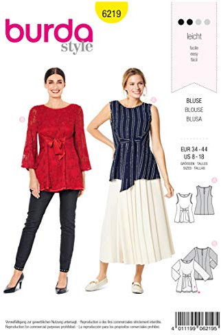 Burda Schnittmuster, 6219, Blusen-Shirt selber nähen [Damen, Gr. 34-44] Level 2 für Anfänger