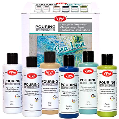Viva Decor Pouring All in One Farbset Sea Love (6 x 90 ml) fertig gemixte, gebrauchsfertige, flüssige Pouring Acrylfarben, kein Mischen erforderlich, für Leinwand, Holz uvm. - Made in Germany