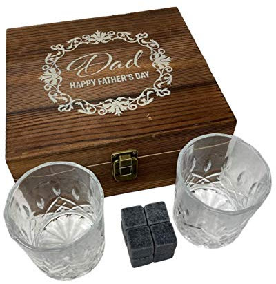 Personalised Rustic Wooden Whisky Stones Gift Set, 2 x Whisky Glasses, Whisky Rocks Chilling Stones in Handmade Wooden Box - Engraved Gift For Dad, Christmas, Best Man, Unique Mens Gift