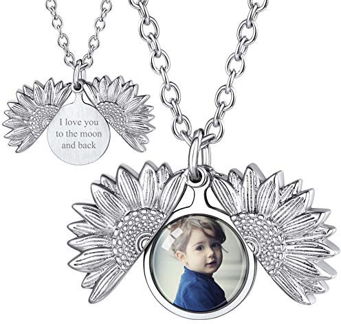 FOCALOOK Damen personalisiert Foto Kette 18k vergoldet Sonnenblume Medaillon zum Öffnen Anhänger für Bilder Namen Gravur Floating Locket Modeschmuck für Valentinstag Muttertag