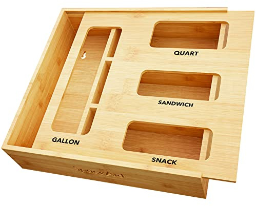 SpaceAid Bag Storage Organizer for Kitchen Drawer, Bamboo Organizer, Compatible with Gallon, Quart, Sandwich and Snack Variety Size Bag (1 Box 4 Slots)
