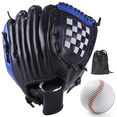LeapBeast Baseball Handschuhe, Softball Handschuhe mit 1 Ball, Baseball Training Wettbewerb Handschuh Verdicken Dauerhaft Softballhandschuhe für Kinder Erwachsene (Schwarz-Blau, 12,5 Zoll)