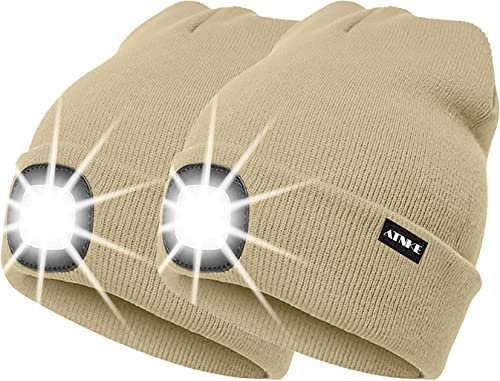 ATNKE 2Pcs Neue Warme LED beleuchtete Mütze,Unisex USB wiederaufladbare Laufmütze Ultra Bright 4 LED wasserdichte Lichtlampe Mehrfarbig (Beige, Einheitsgröße)
