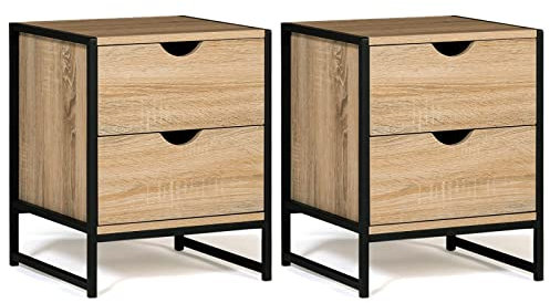 IDMarket - 2 Nachttische Detroit mit 2 Schubladen, Holz und Metall, Schwarz, Industriedesign