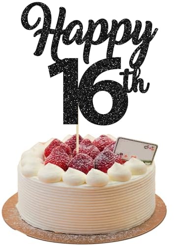 3Pcs Happy 16th Cake Topper Black Glitter Number 16 Sweet Cake Decorations 16th Birthday Cake Pick Decorations for Cheers to 16 Years Old 16th Birthday Wedding Anniversary Party Supplies
