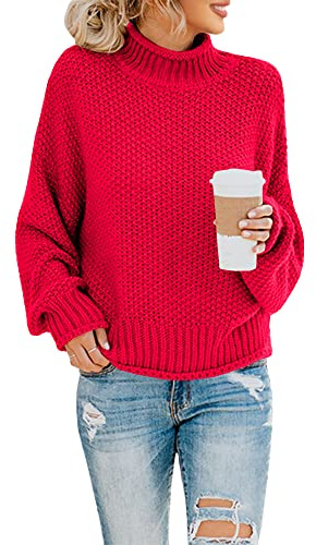 Saodimallsu Polotröja för damer, oversized sweatshirt med långa fladdermusärmar, lös passform och grovstickad, tröja med ledig design, röd, S