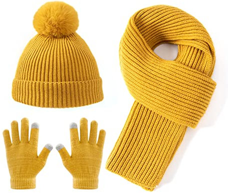 Lallier 3-teiliges Kinder-Set mit Mütze, Schal und Schneehandschuhen, Winter-Strickmütze, warme, weiche Pom-Pom-Mütze für Jungen, Mädchen und Kleinkinder (Gelb)
