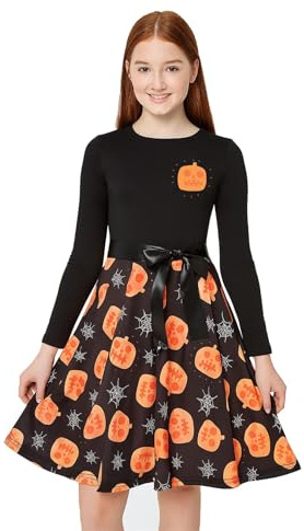 A2Z 4 Kids Girls Halloween Pumpkin Print Skater Dress Long Sleeve Age 5-13