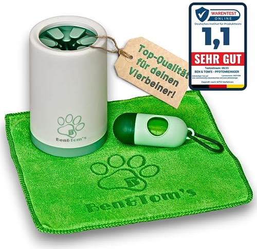 Ben & Tom`s® Premium Pfotenreiniger für Hunde [EXTRA SANFT] | besonders einfach anwendbar | perfekte Reinigung | Inkl. Hundehandtuch | gratis Kotbeutelspender | In 2 Größen | Small bis max 7 kg