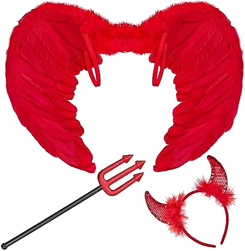 Balinco Teufel Kostüm Set, Teufelsflügel rot, Teufelshörner Haarreif, Teufelsgabel, Dreizack, Flügel und Haarreif, Teufelchen Verkleidung, Halloween
