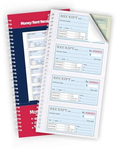 Zzrywuty Money and Rent Receipt Book with Cardboard Insert,2-Part Carbonless,5.3”x11.2” Spiral Bound,200 Sets per Book,4 Receipts per Page for Office Supplier,Rent and Cash Transaction