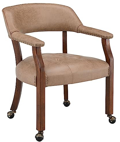 PADMA HOUSE Armlehnstuhl Buchsessel mit Nietenelement, PU-Kunstleder ergonomischer Schreibtischstuhl mit abnehmbaren Rädern Schminkstuhl (Khaki Braun)