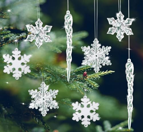 Décoration de Noël Cristal,ilauke 24 Pcs Arbre de Noël Pendentif en Acrylique,12 Suspendu Icicles De Noël + 12 Acrylique Flocons De Neige avec Corde de Cristal Suspendus Décoration pour Noël Mariage