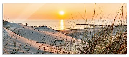 Pixxprint Glasbild Panorama, Wandbild aus Echtglas, Dünenblick auf Meer bei Sonnenuntergang, 100x40 cm, inkl. Aufhängung und Abstandshalter