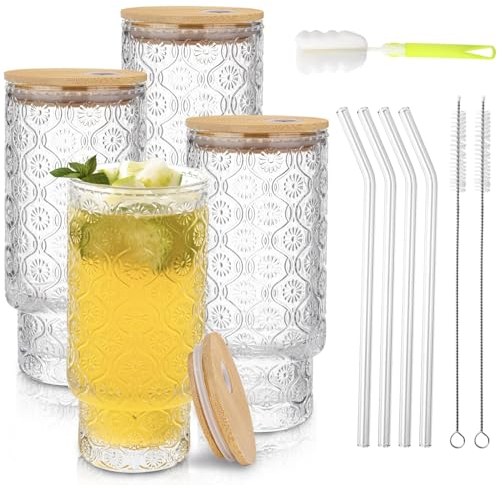 Aikio Glasses Drinking Cups with Bamboo Lids and Glass Straws,4 Set 473ml/16oz Iced Coffee Glasses,Vintage Embossed Sunflower Glass Glassware Tumblers Cups Beer Cups for Cocktail Whiskey, Juice Gift