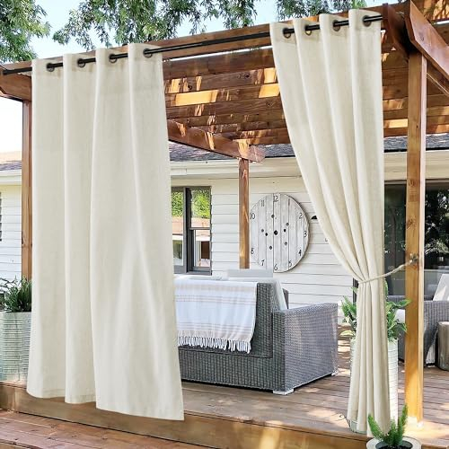 PONY DANCE Boho Vorhang Outdoor 2er Set H 243 x B 140 cm Outdoorvorhänge Leinen Natur Halbransparente Outdoor Gardinen mit Ösen Terrasse/Pavillon Vorhänge Wasserdicht, Beige