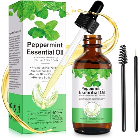 Huile Essentielle Menthe Poivrée 60ml, 100% Peppermint Oil Naturelle Qualité Supérieure pour Cheveux, Diffuseur, Massage, Relaxation et Sommeil
