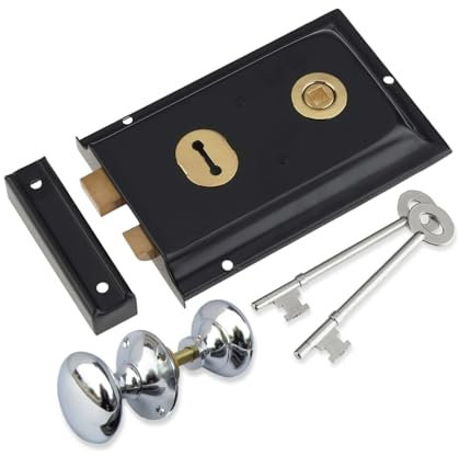 Haven Heritage 6 x 4 Rim Lock Black Brass + Knob Chrome - Secure Key and Door Locks for External and Internal Doors, Shed Door Lock and Garden Rim Lock Door Knob Set for Enhanced Home Security