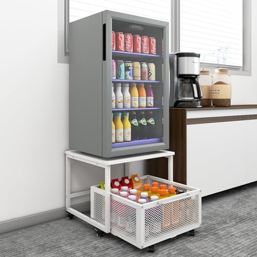 PUNCIA Soporte para Mini Nevera con Cesta Metálica Base Móvil para Refrigerador con Ruedas Mueble Estante de Almacenamiento con Cajón Cocina Salón Oficina Blanco
