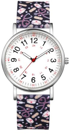 JewelryWe Uhren Damen Silikon Schwesternuhr: 30M Wasserdicht Analog Quarz Armbanduhr Frauen Medizinische Muster Schwarz Gummi Armband Uhr mit Digital Zifferblatt für Krankenschwester Ärzte Sanitäter