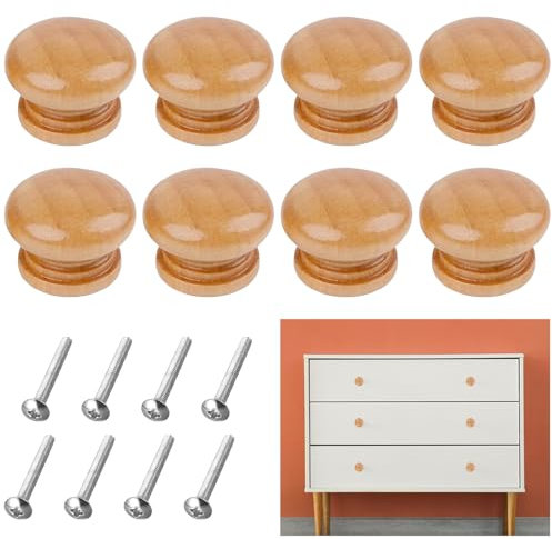 GMHLLES 8-Piece Wooden Door & Drawer Knobs - Round Mushroom Handles with Screws for Kitchen & Office Furniture