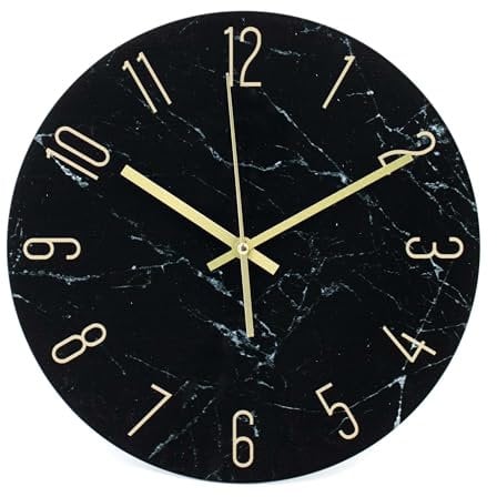 K&L Wall Art 30cm große Wanduhr aus Glas Küchenuhr Marmor Optik auf Klarglas leise Glasuhr ohne Tick-Geräusche (Marble schwarz-weiß)