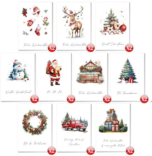 DMHSGIFT Weihnachtskarten mit Umschlag Set 20 Stück mit 10 Designs hochwertig A6 Klappkarten Weihnachten, Christmas Cards für die Familie, Freunde, schönsten Weihnachtsgrüße