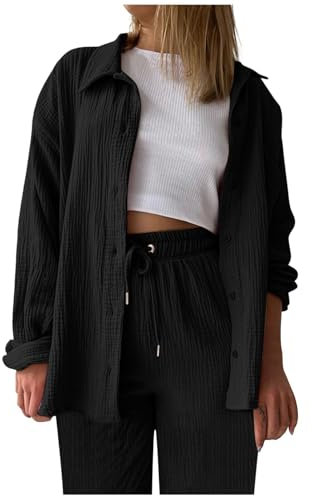 Musselin Bluse Damen, Revers Bluse + Plissee Hose Langarm Freizeitanzug Leicht Mit Gummibund Sommer-Herbst Outfit Set Hosenanzug Elegant Locker Mit Geknöpfte Down Musselinbluse Loungewear