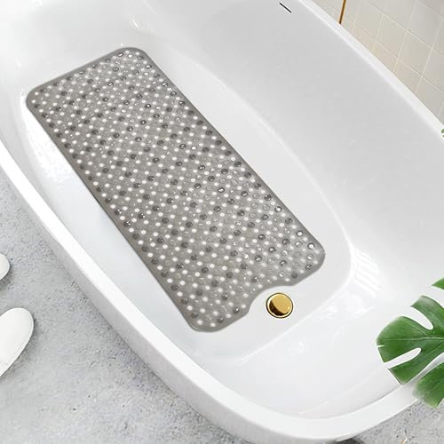 Non Slip Bath Mat - Extra Long Anti Mould Shower Mat - Machine Washable Bathroom Floor Mats with Strong Rubber Suction Cup Grip - Grey - 40 x 70 cm