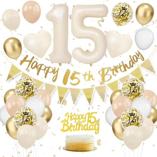 15. Geburtstag Deko Beige - Luftballon Set für Damen und Frauen - Beige Weiß Gold Ballons mit Banner und Tortendeko für Festliche Dekoration