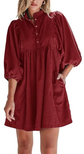 Opemiby Women Corduroy Fall Winter Mini Babydoll Dresses Burgundy L