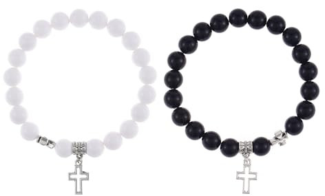 TTPSRY Bracelet Couple En Perles Naturelles De Quartz Rose Et Onyx Noir Avec Pendentif Croix En Argent Bijoux Assortis Pour Hommes Et Femmes Ensemble De 2 Bracelets Élastiques
