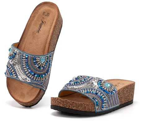 JOMIX Ciabatte Estive da Donna con Zeppa Punta Aperta Alla Moda Suola Spessa in Sughero Comfort Antiscivolo e Durevole WCF250336-3 (Blu,40)